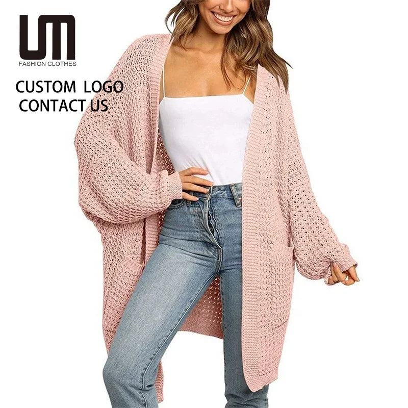2025 Women Casual Knit Cardigan - Solid Color Long Sleeve Mid-Length Sweater Open Front Cover Up Wholesale Loose Fit Cardigan