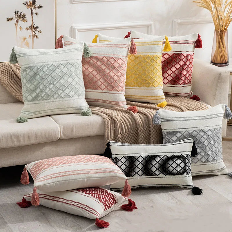 Luxury Linen Cushion Cover with Tassel Macrame Boho Woven Tufted Boho Throw Pillow Cover with Tassel for Home Sofa Decoration