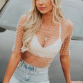 Fashionable Pearl Mesh Half Sleeve Cover up T-Shirt for Women Rhinestone Beading See Through Casual Clubwear Crop Tops
