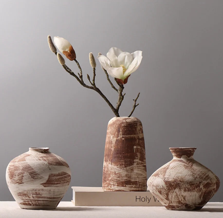 Small Bohemian Floor Vase Brown Ceramic Rough Pottery Creative Flower Arrangement for Living Room