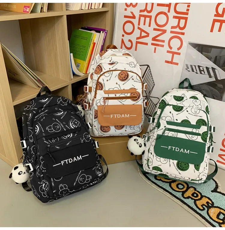 New Fashion 20-36L Waterproof Nylon Unisex Preppy Style School Bag Cartoon Zipper Closure Physiological Curve Back for Students