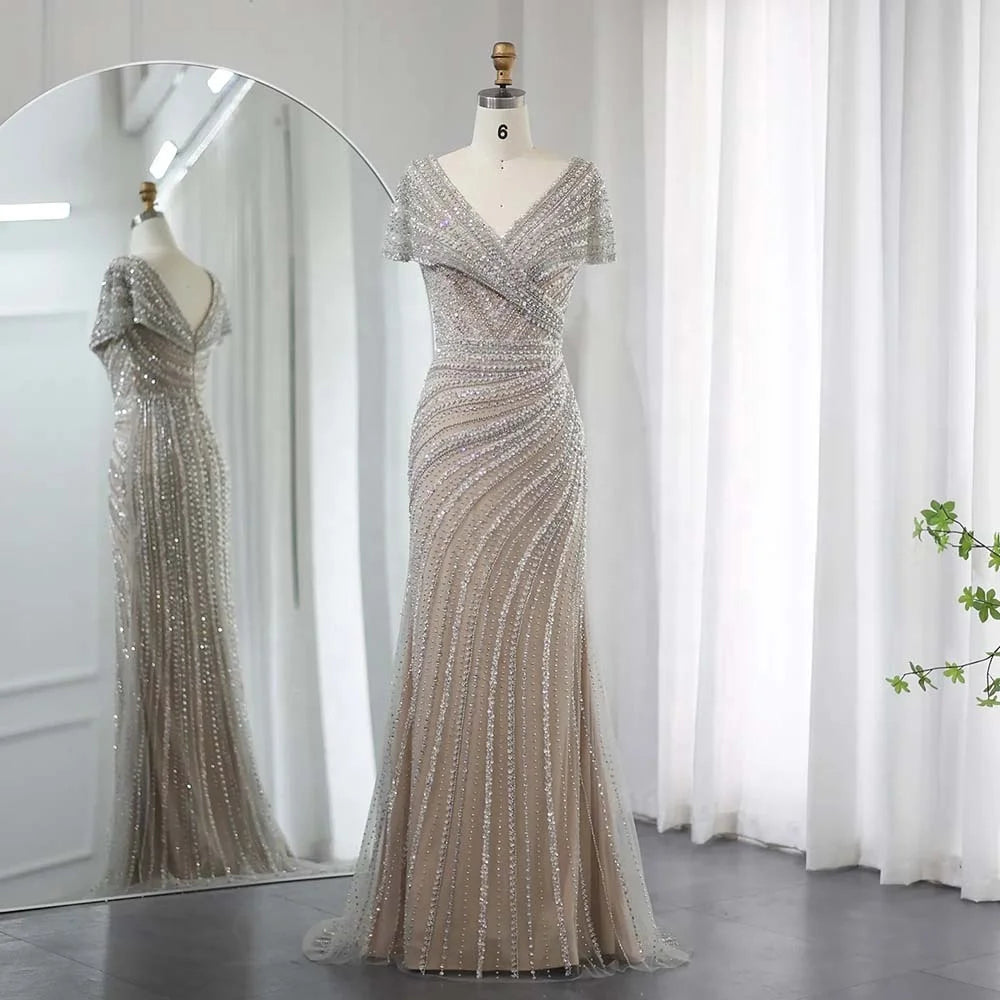Jancember SZ045 Luxury Dubai Zipper Sequin Mermaid Evening Dresses for Women