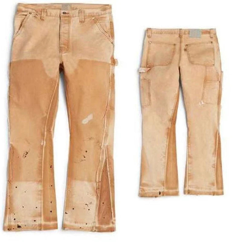 Hot Sale Wholesale Men's Casual Pocket Wash Jeans Vintage Patchwork Flare Pants with Print Stretch Denim Pants