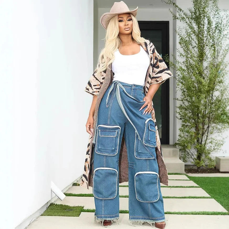 European American Women's Casual Mid-Waisted Straight Leg Denim Cargo Pants XL Loose Multi-Pocket Street Fashion