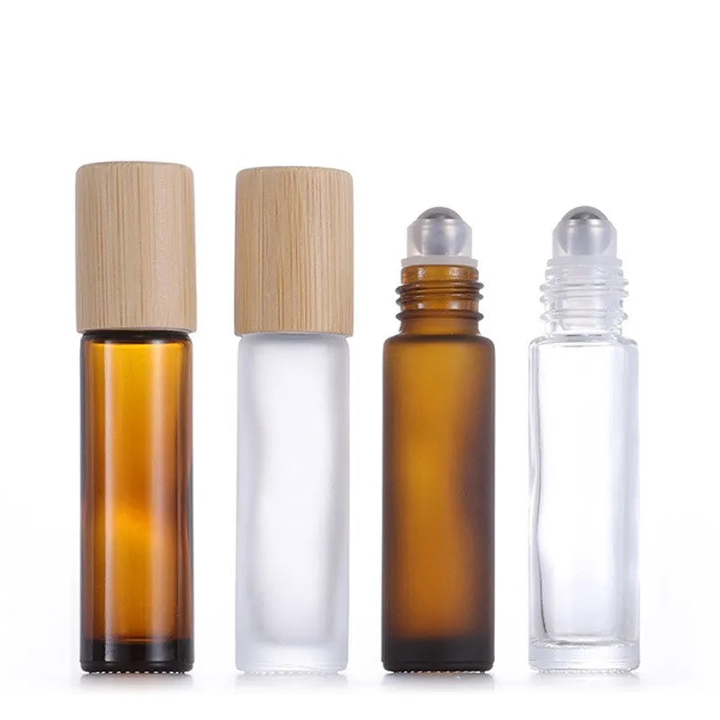 Hot Sale 10ml Roll on Bottle Bamboo Cap Roller Ball Glass Perfume Bottle for Essential Oils Matte Frosted Glass Roller Bottle