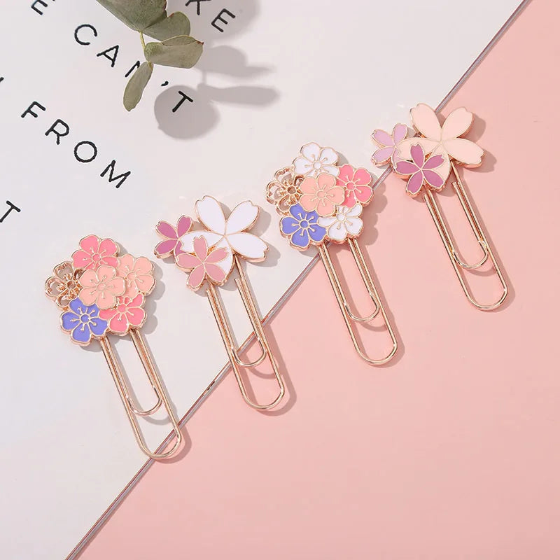Kawaii Romantic Flower Cherry Blossom Paper Clip Bookmark Metal Reading Book Mark Stationery Tickets Holder Letter Clamp