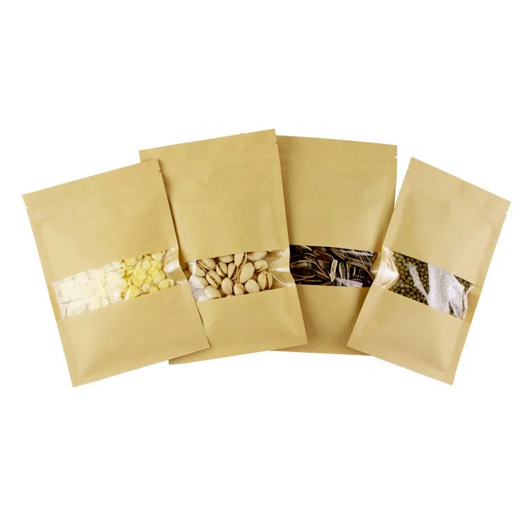 Recycled Kraft Paper Food Pouch Packaging Bag with clear Window and Zipper