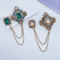 Vintage Emerald Green Geometric Hanging Chain Brooch Rhinestone Crown Brooch Lapel Pin for Lady