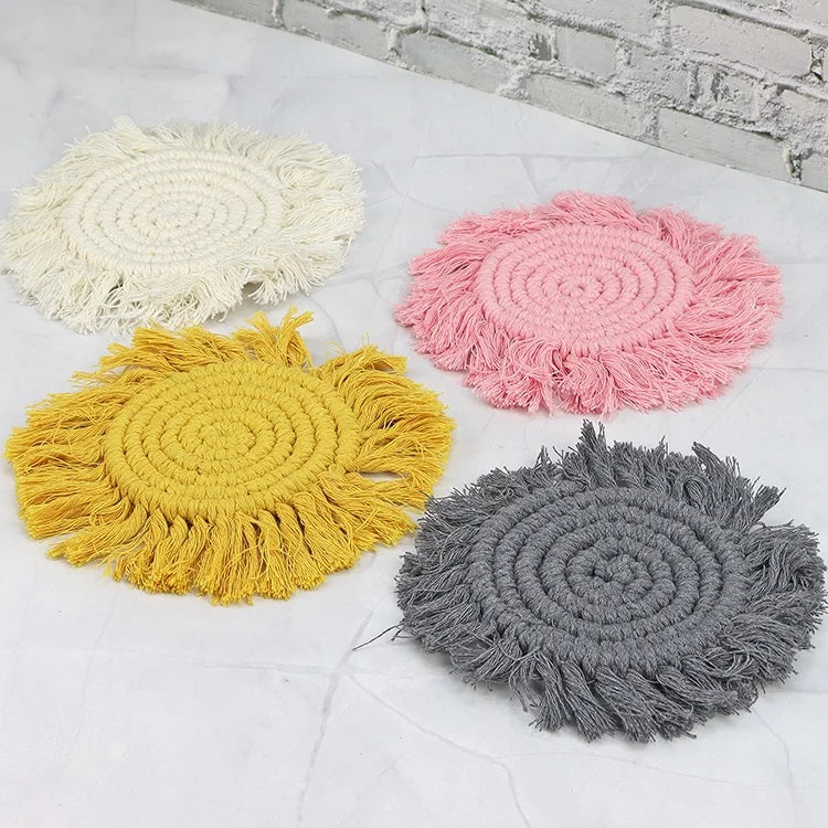 Bohemia Style Office Home Handmade Round Woven Cotton Rope Braid Macrame Coaster