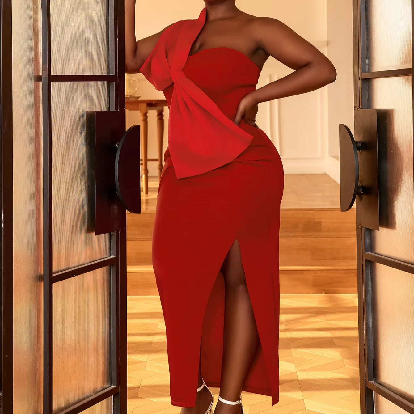 One Shoulder High Slit Factory Backless Bowtie Women Evening Dresses