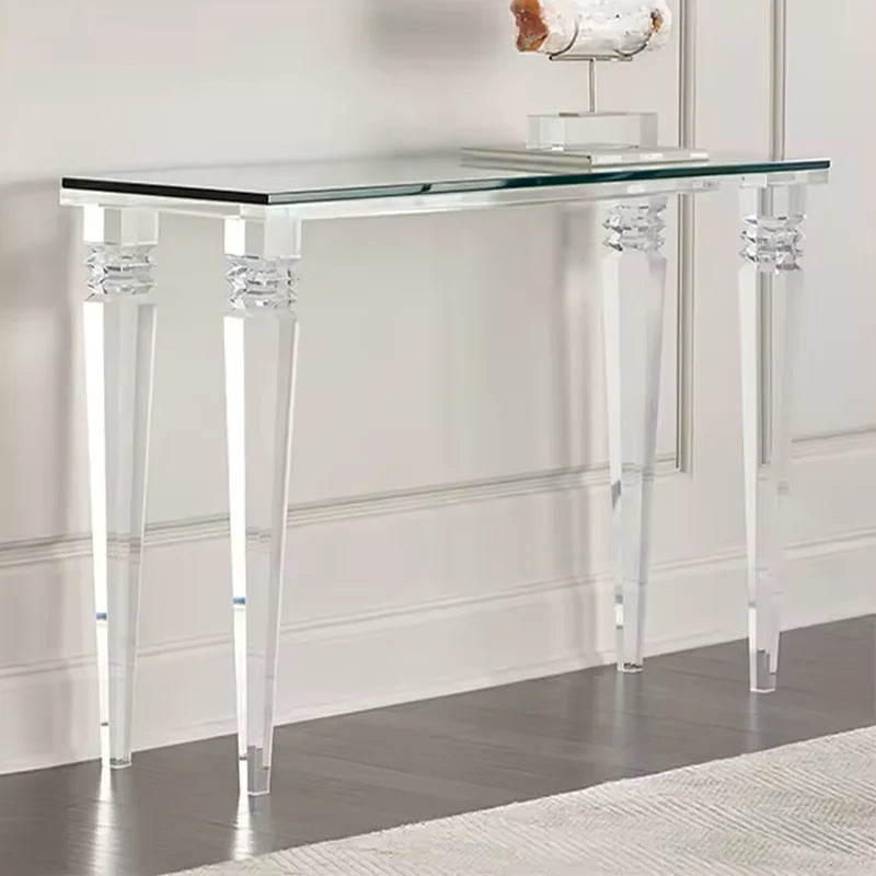 Modern Sleek Long Clean Design Transparent Acrylic Console Table with Glass Top Includes Storage for Living Room Villa Hotel Use