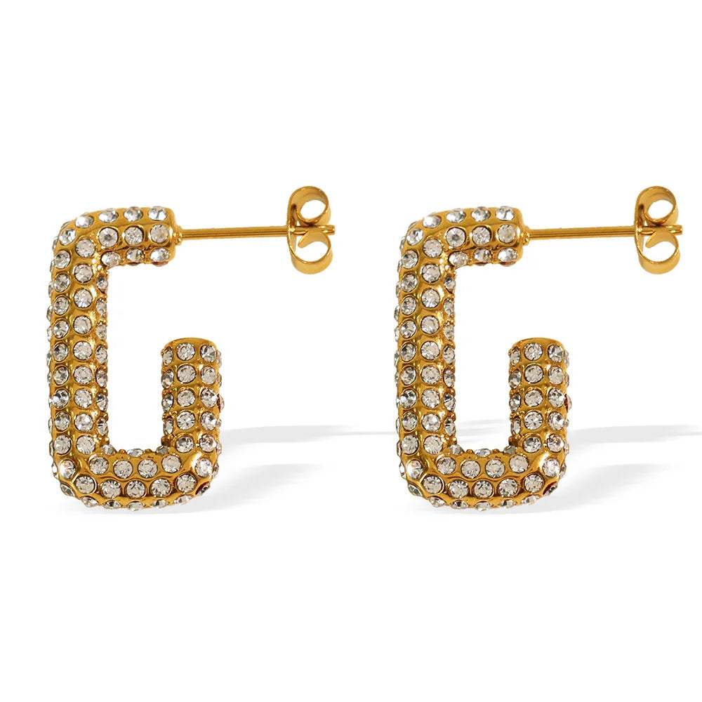 Fashion Stainless Steel 18k Gold Plated Square Zircon Open Women Earrings Waterproof Gift YF6075