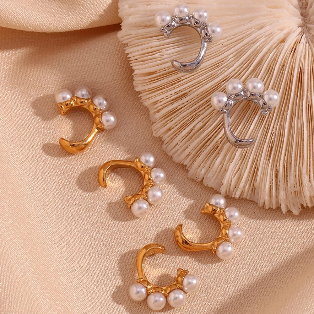 Dreamshow Elegant Pearl Clip on Earring Gold Plated Cuff Earrings for Women Titanium Steel Jewelry