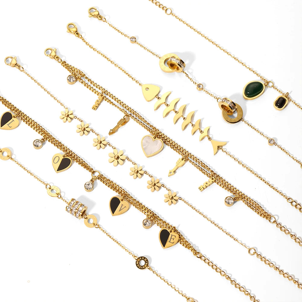 Bohemia Stylish Stainless Steel 18K Gold Plated Shell Heart Flower CZ Charms Bracelets for Women Gift