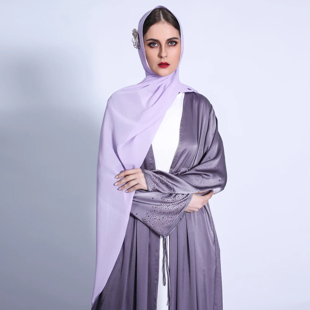 2021 Women Islamic Clothing Muslim Dress Rhinestone Bell Sleeve Abaya Latest Open Silk Satin Abaya Kimono With Belt