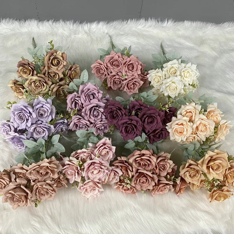 2022 New Artificial Flower Pink 9 Head Hibiscus Roses Bouquets for Home Wedding