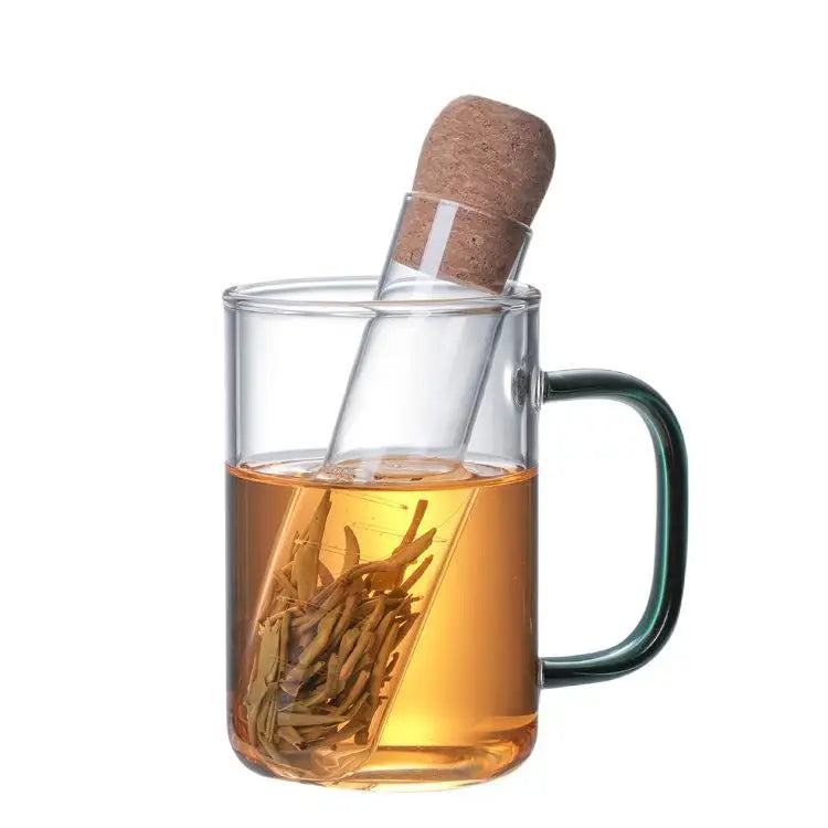 Eco-Friendly Borosilicate Glass Infuser Tube Tea Strainer Filter with Wooden Cork Drinkware for Tea Making Mugs