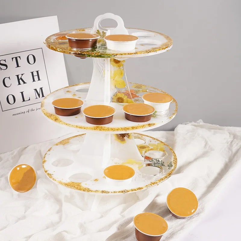 B-5513 Handmade Diy Crystal Glue 3 Tiered Coffee Capsule Epoxy Resin Mold Cake Dessert Serving Tray Bracket Silicone Mould
