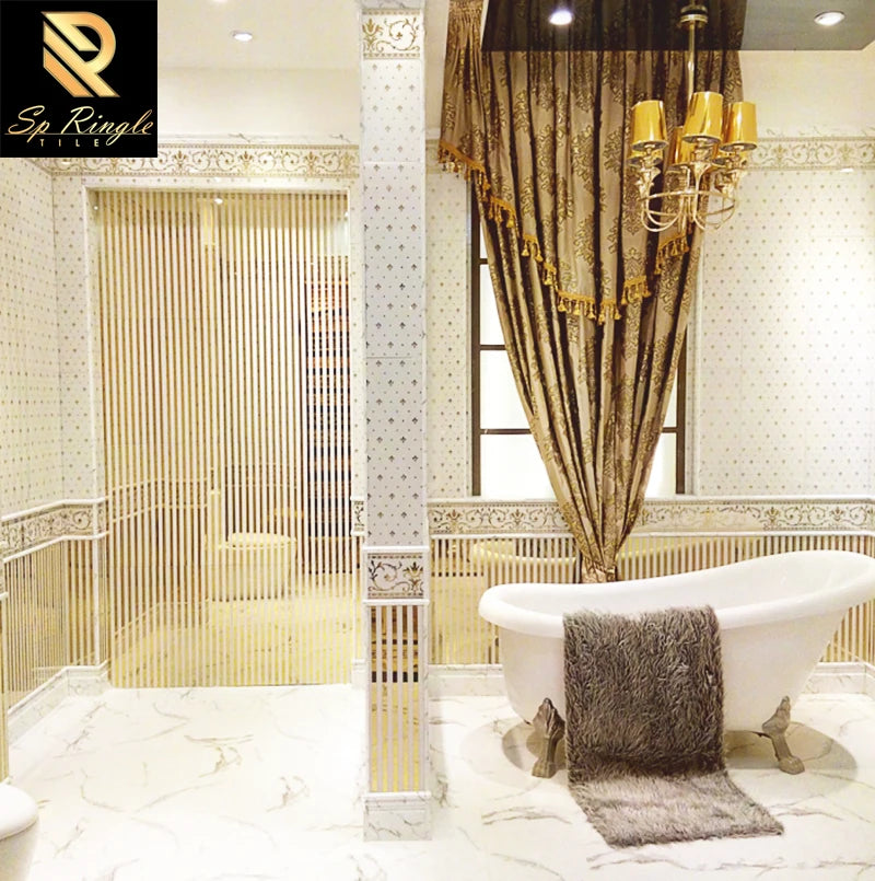 Springletile Bathroom Wall Decorative Wall Tiles Golden Luxury White Ceramic Polisher Hotel Tiles MegaBDM