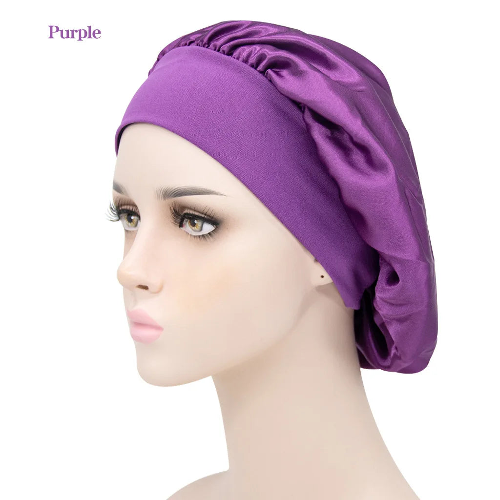 Solid Color Wide Elastic Band Satin Sleeping Cap Silk Bonnet Soft Night Hair Wraps for Women Haircare