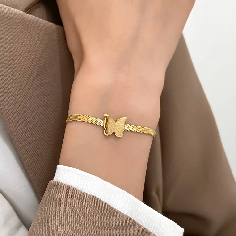 Punk 18K Gold Plated Butterfly Herringbone Bracelet Tarnish Free Stainless Steel Butterfly Snake Chain Bracelet Hiphop Jewelry