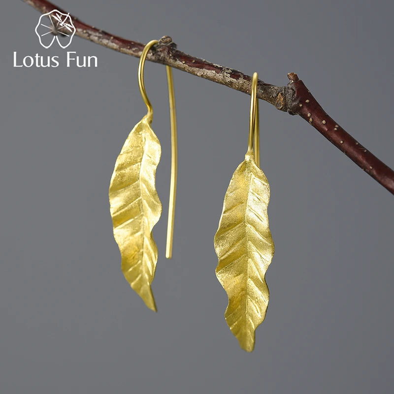 Custom 925 Sterling Silver 14k 18k Gold Unusual New Long Green Ash Leaves  Dangle Drop Earrings for Women Girl Lady