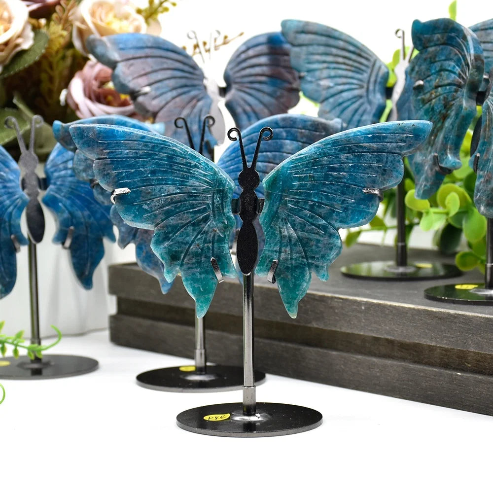 Wholesale Natural Blue Apatite Butterfly Wings Carving Healing Stones Crystal Butterfly Wing Carving Gifts
