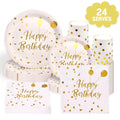 24 Serve Gold Dot Disposable Paper Plates Cups and Napkins Tableware Sets for Baby Shower Birthday Wedding Party Supplies