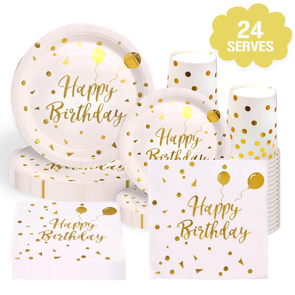 24 Serve Gold Dot Disposable Paper Plates Cups and Napkins Tableware Sets for Baby Shower Birthday Wedding Party Supplies