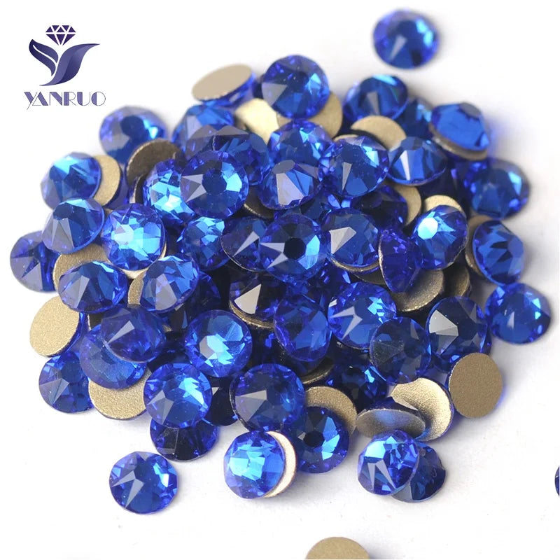 Yanruo Superior Quality Sapphire Blue Color Glass Rhinestone Flatback Non Hotfix Clothing Rhinestones