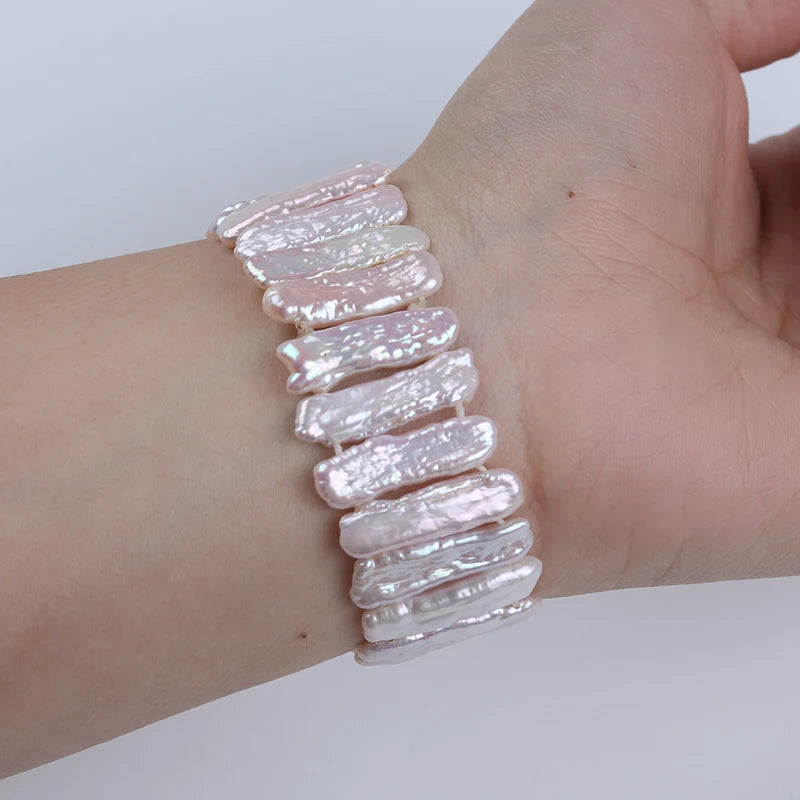 Natural Pink White Biwa Freshwater Pearl Elastic Bracelet