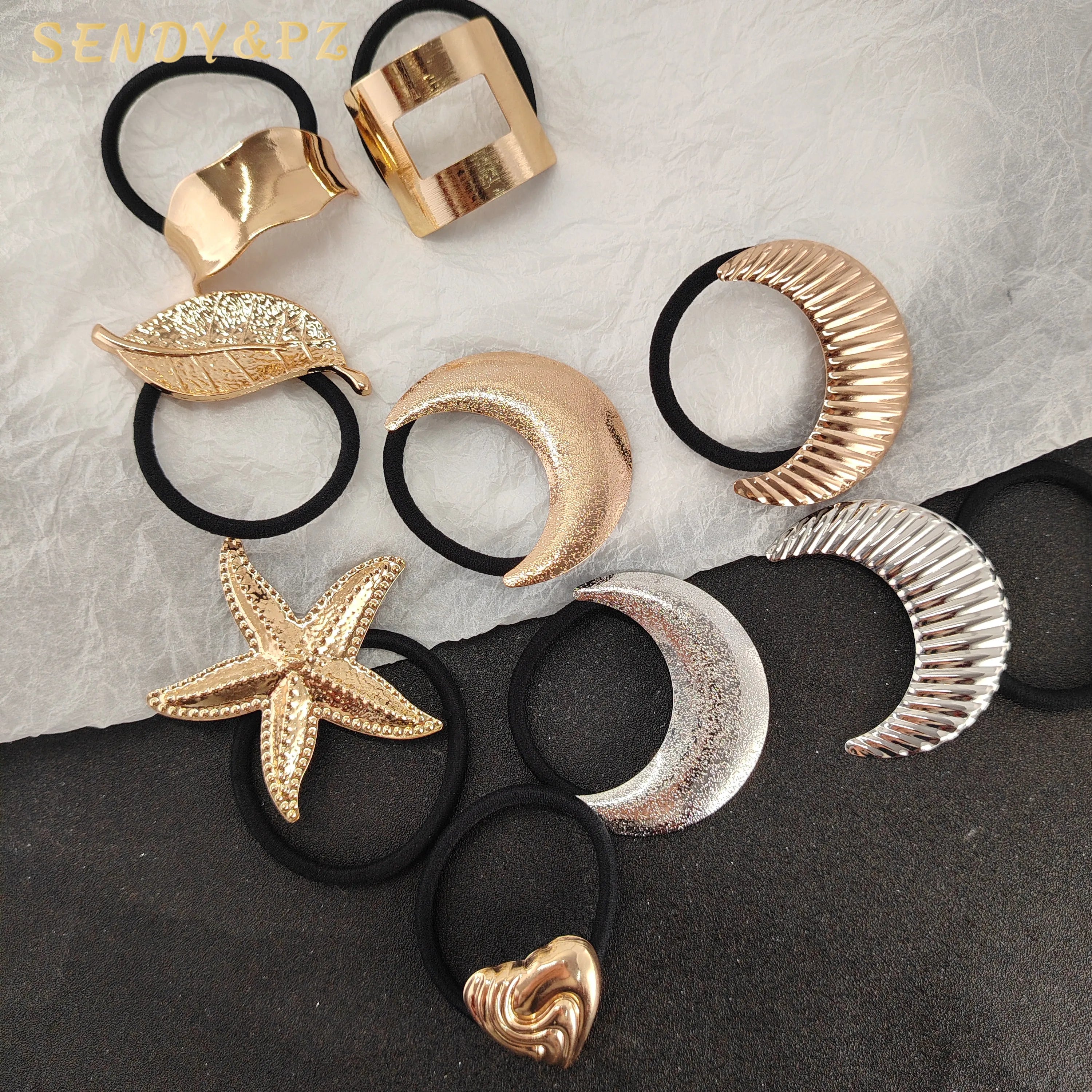 Fashionable Personalized New Color Gold Alloy Moon Leaf Starfish Shaped Hair Tie Simple Luxurious Hair Band Women Hair Rope