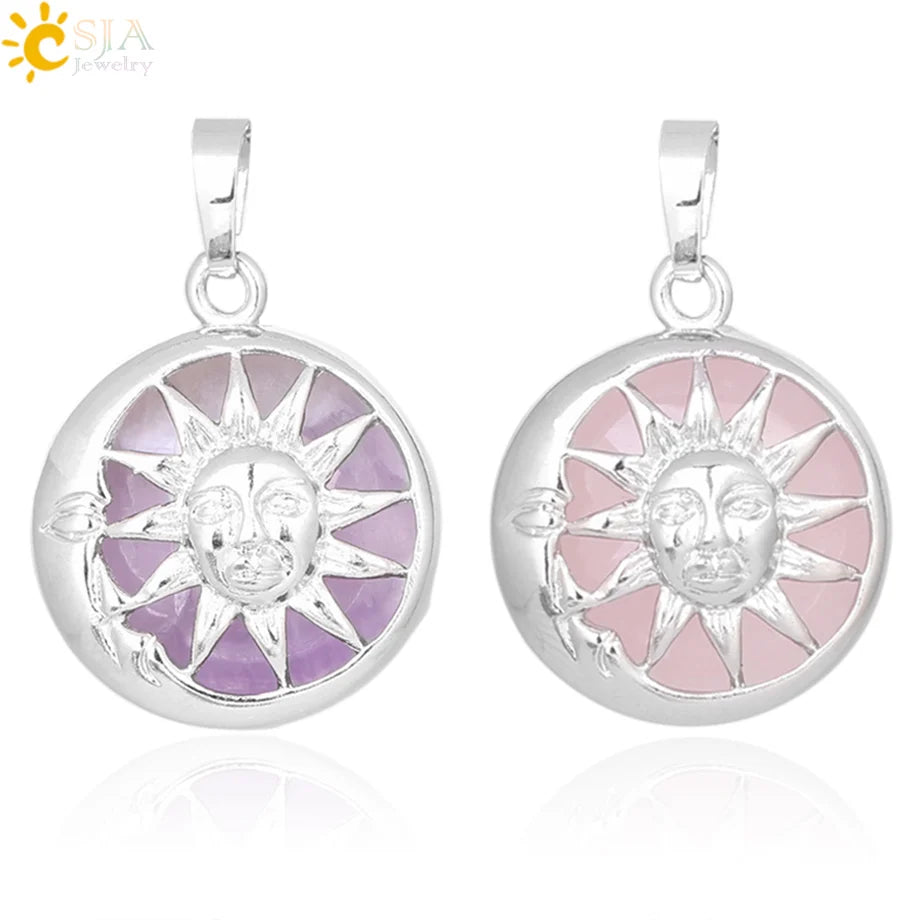 CSJA Rose Quartz Round Bead Pendant Natural Chakra Moon Sun God Energy Charm for Necklace Making F371