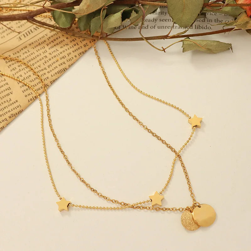 Five-pointed Star Pendant 18k Gold Plated Jewelry Stainless Steel Choker Double-layer Necklace
