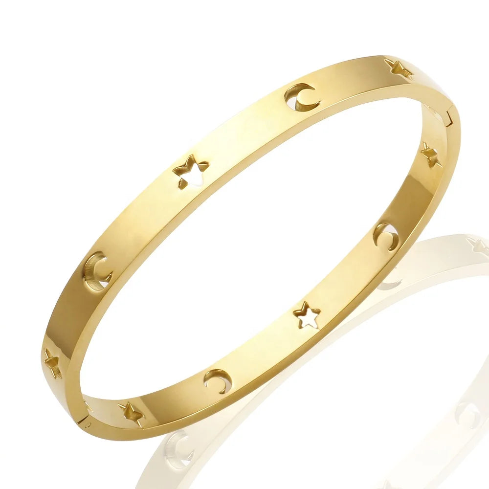Hot Sale Stainless Steel Waterproof Jewelry Wholesale Supplier 18K PVD Plated Gold Minimalist Star Moon Hollow Bangle for Women