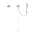 Asymmetric Stars CZ Ear Cuff Wrap Clip on 925 Sterling Silver Stud Long Chain Climbers Crawler Tassel Dangle Drop Cartilage Hoop
