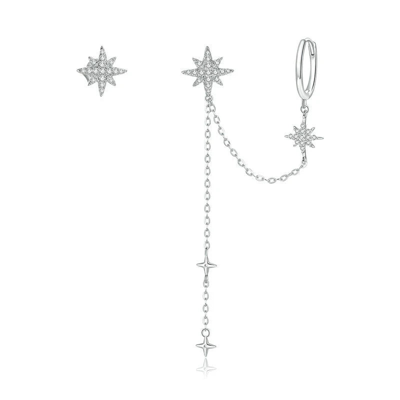 Asymmetric Stars CZ Ear Cuff Wrap Clip on 925 Sterling Silver Stud Long Chain Climbers Crawler Tassel Dangle Drop Cartilage Hoop