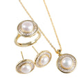 Fashion Wedding Bride Round Zircon Natural Freshwater Pearl Earrings Necklace Ring Jewelry Set