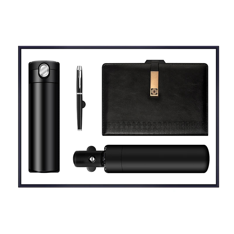 4 in 1 Metal Pen Umbrella Vacuum Flask With Digital Temperature Display Tumbler and Notebook Gift Set