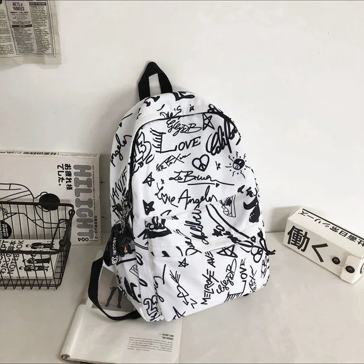 Large Capacity Nylon Backpack Waterproof Feature Fashion Graffiti Print Zipper for High School Teens Kids Letter School Bag
