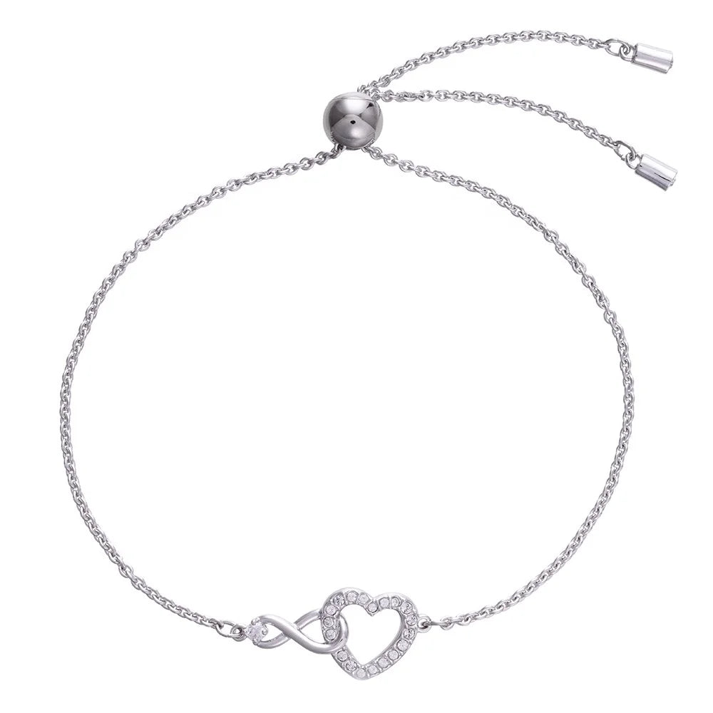 Adjustable Rhodium Plated 925 Sterling Silver Bracelet with Heart Diamond Zirconia Fringe Charm for Gifts Parties