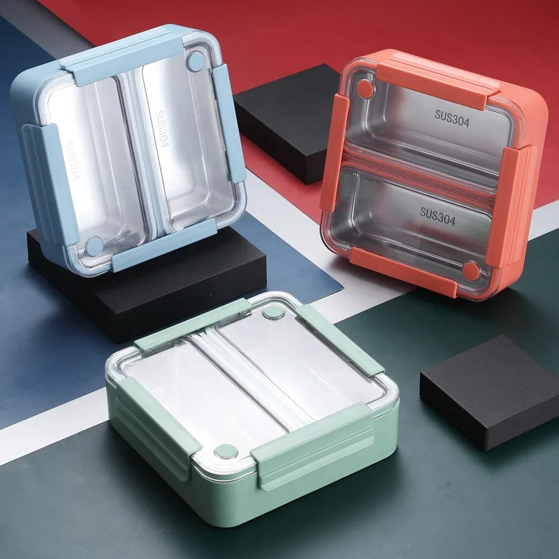 Dishwasher Safe Airtight Lid Seal Removable 2-Section Divider 1100ml Stainless Steel + PP Microwavable Square Lunch Box