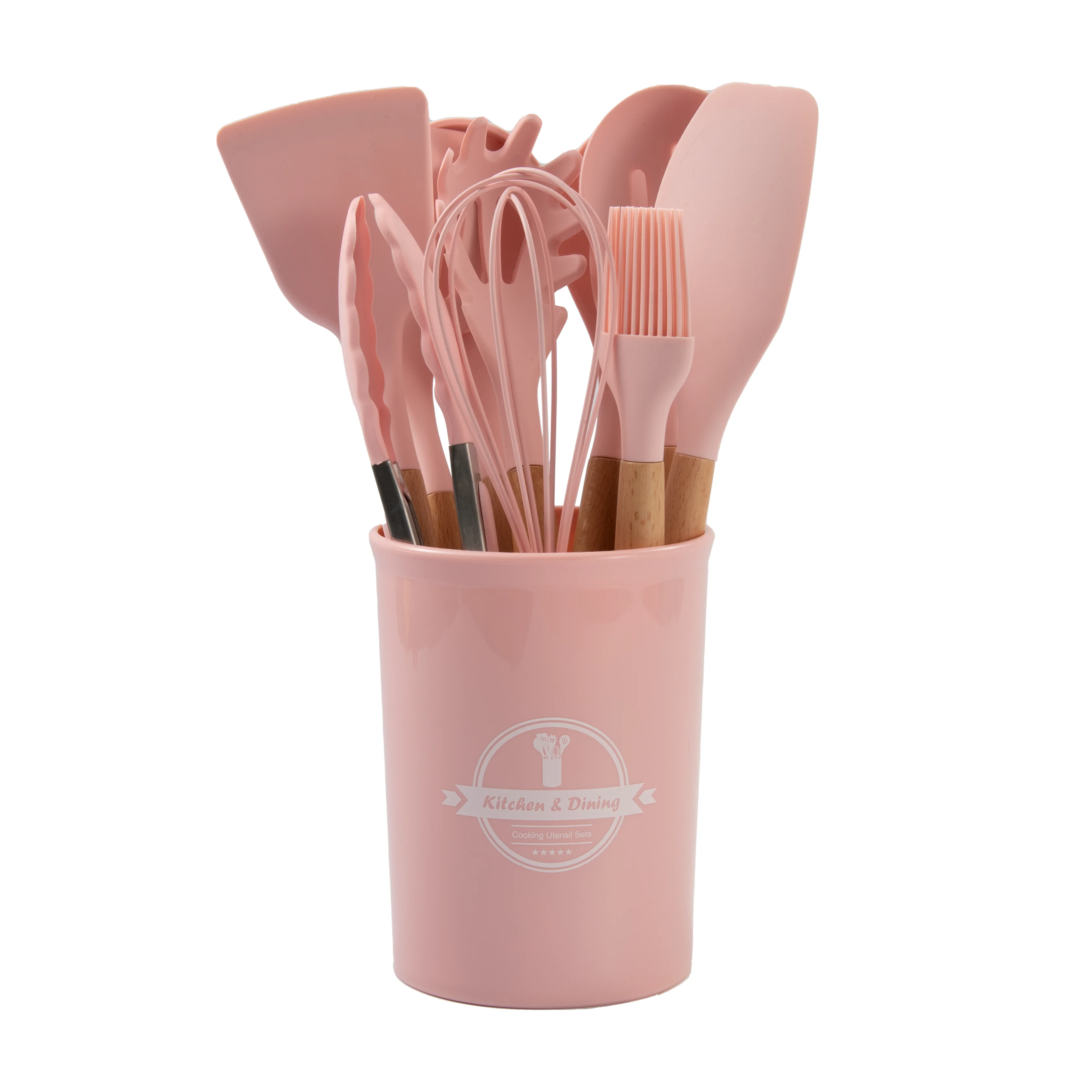 12-Piece Kitchen Gadget Tool Silicone Kitchen Utensil Set With Wooden Handle and Cuttings Board Storage Bucket