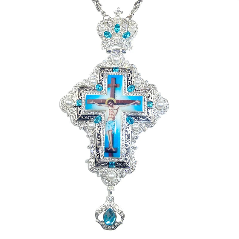 ZD041 Newest Alloy Silver Plated Orthodox Priest's Pectoral Cross Necklace with UV Printing Jesus Icon & Color Stones