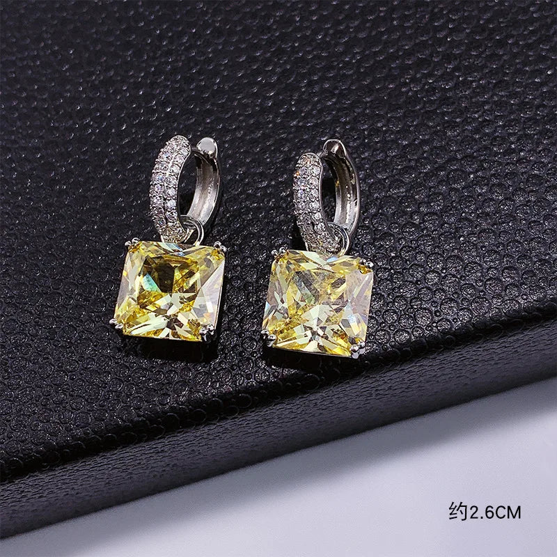 New High-Grade Light Luxury Temperament Gem Ear Clip Women 'S Micro Inlaid Zircon Simple Versatile Multi-Color Square Earrings