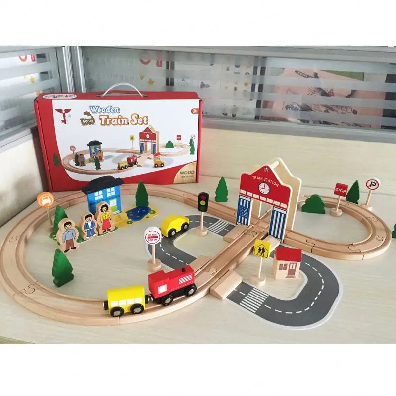 50PCS Wooden Building Blocks Train Track Set Logic Training Toy Family Party Casual Gifts for Boys and Girls
