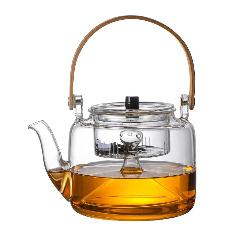 1000ML Borosilicate Glass Kettle with Removable Infuser Heat Resistant Wood Handle for Blooming Flower Tea
