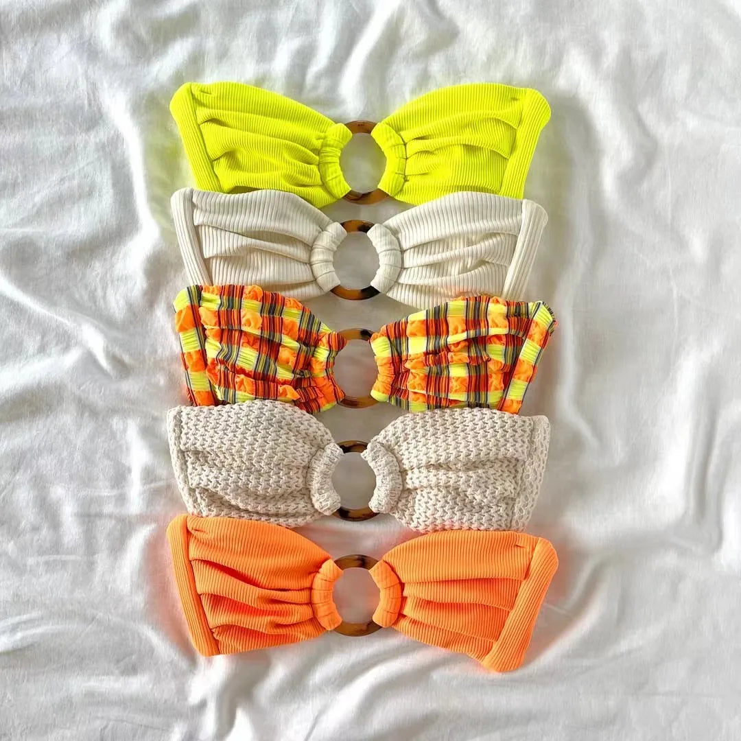 Custom LOGO Crinkle Fabric Solid Blank Checkered Swimwear Women Triangle Thong Micro Bikini Set Bandeau Tube Top Bathing Suit
