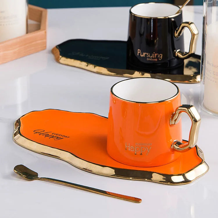 Wholesale Nordic Style Home Cups Mugs Irregular Golden Handle Ceramic Coffee Cup and Saucer Sets