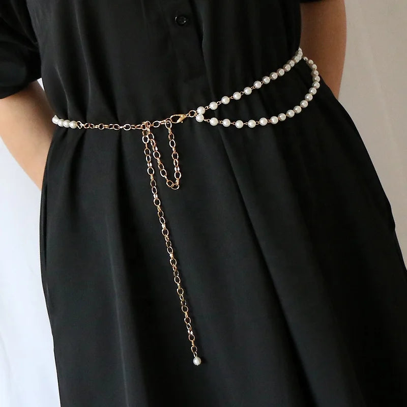 Sweet Version Ladies Decorative Beaded Belt Double Pearl Chain Waist Chain Accessory